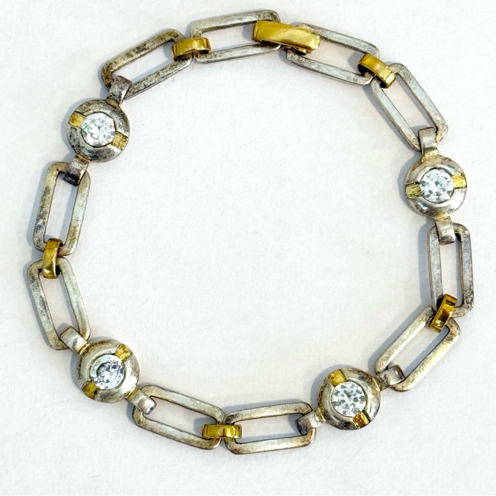 Sterling Silver 925 & Gold Tone Paperclip Link Bracelet Rhinestones 7.75”